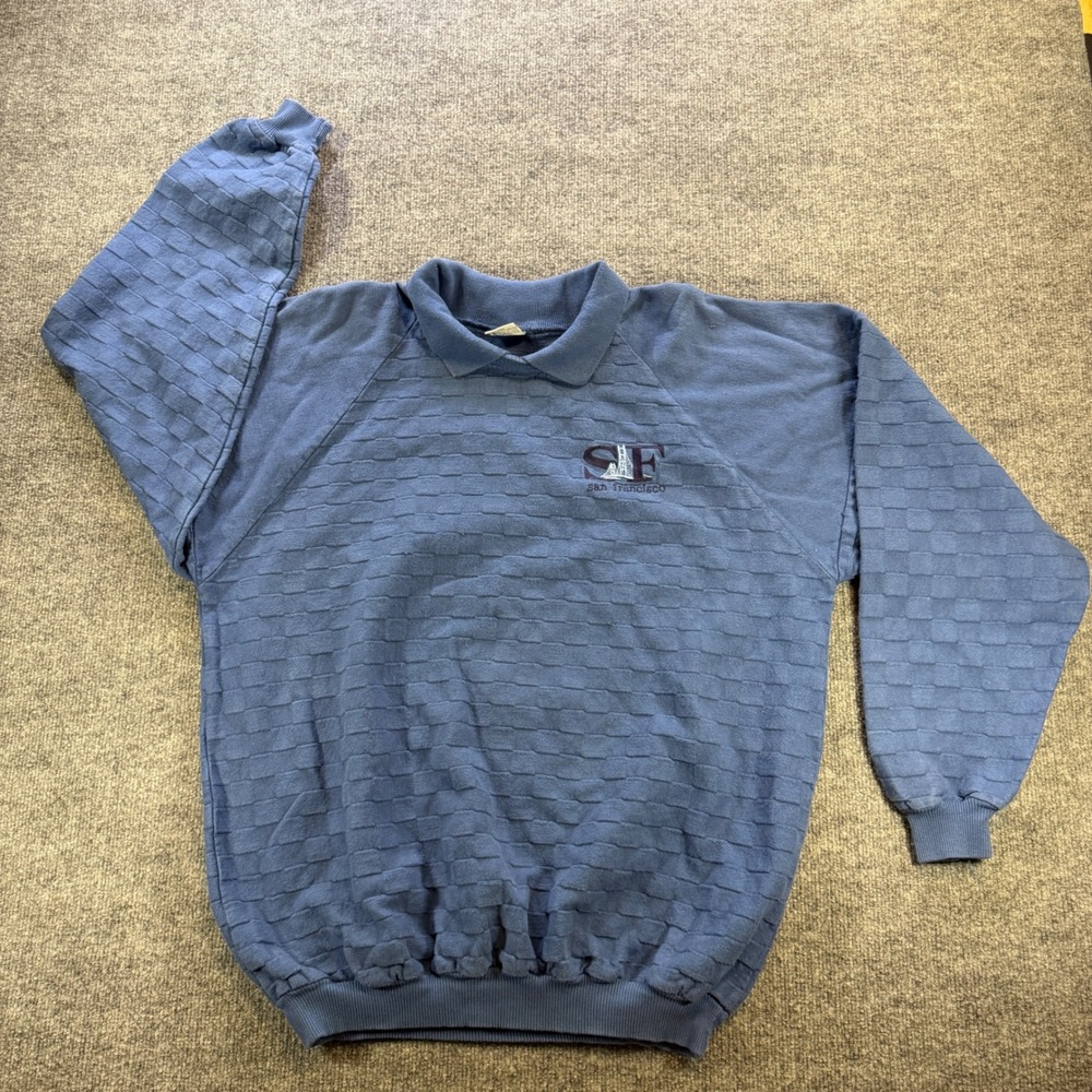 Vintage Cal Cru San Francisco Collared Sweatshirt XL Blue Textured Brick Knit